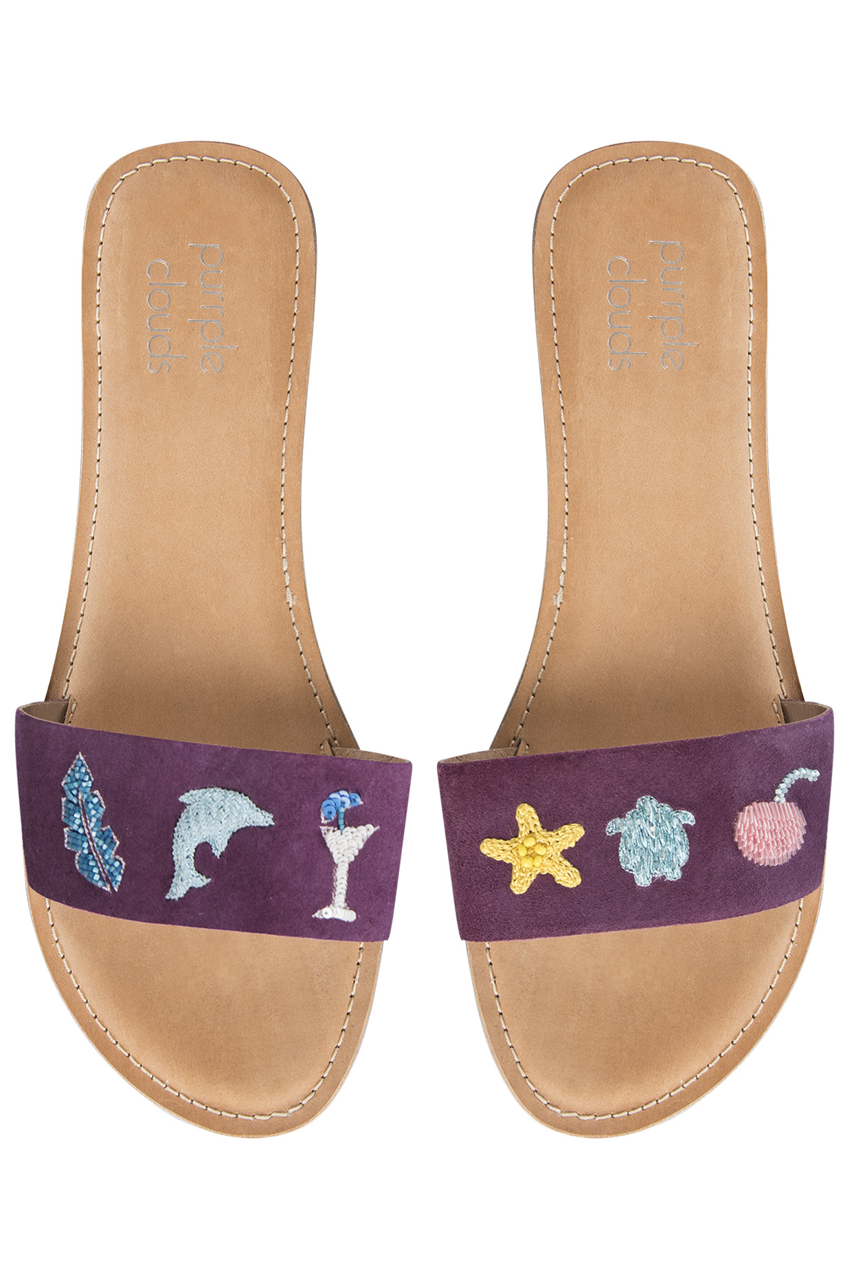 Purple embroidered sliders by PURRPLE CLOUDS at Pernia's Pop Up Shop