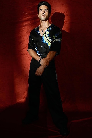 Black Modal Satin Digital Printed Shirt by DARK HOUR