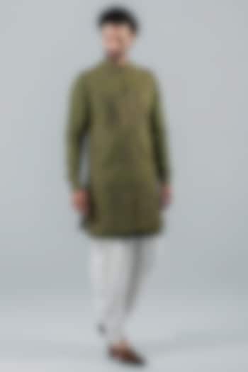 Moss Green Matka Silk Indowestern Jacket With Kurta Set by Punit Arora
