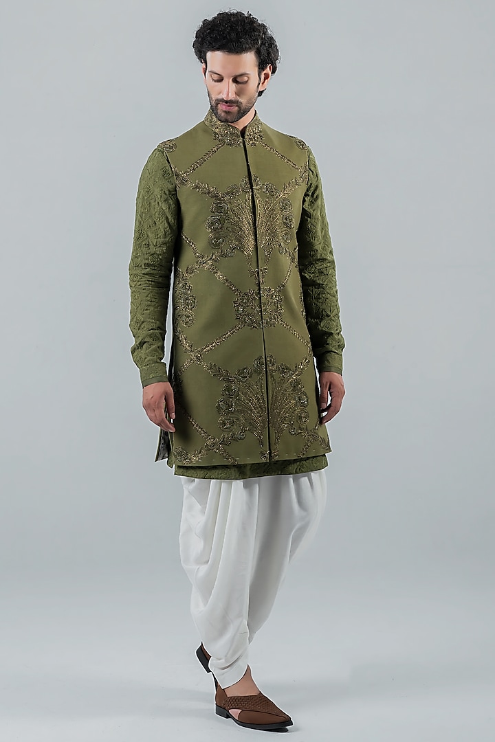 Moss Green Matka Silk Indowestern Jacket With Kurta Set by Punit Arora