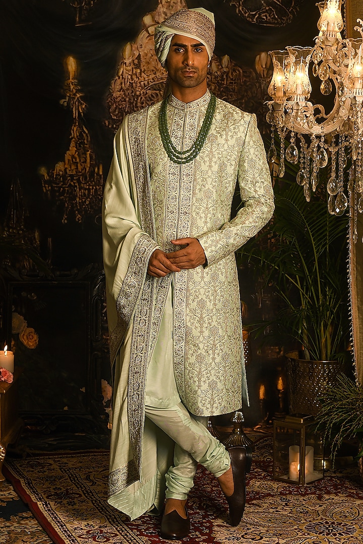 Mint Majesty Silk Thread & Zardozi Embroidered Groom Sherwani Set by Punit Arora at Pernia's Pop Up Shop