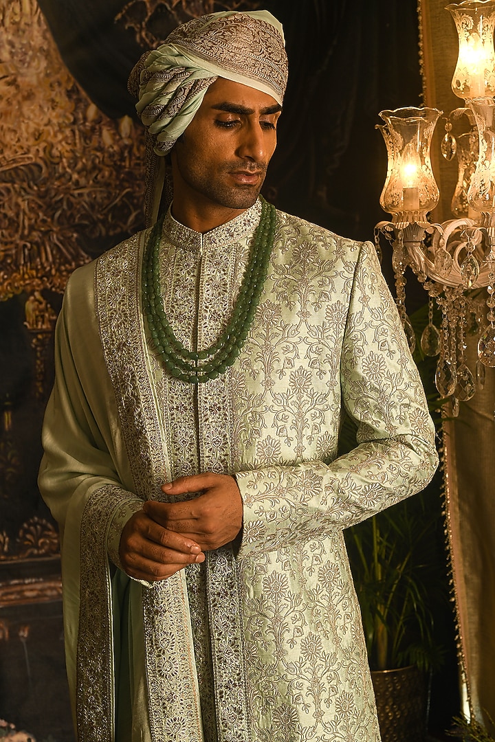 Mint Majesty Silk Thread Zardozi Embroidered Groom Sherwani Set