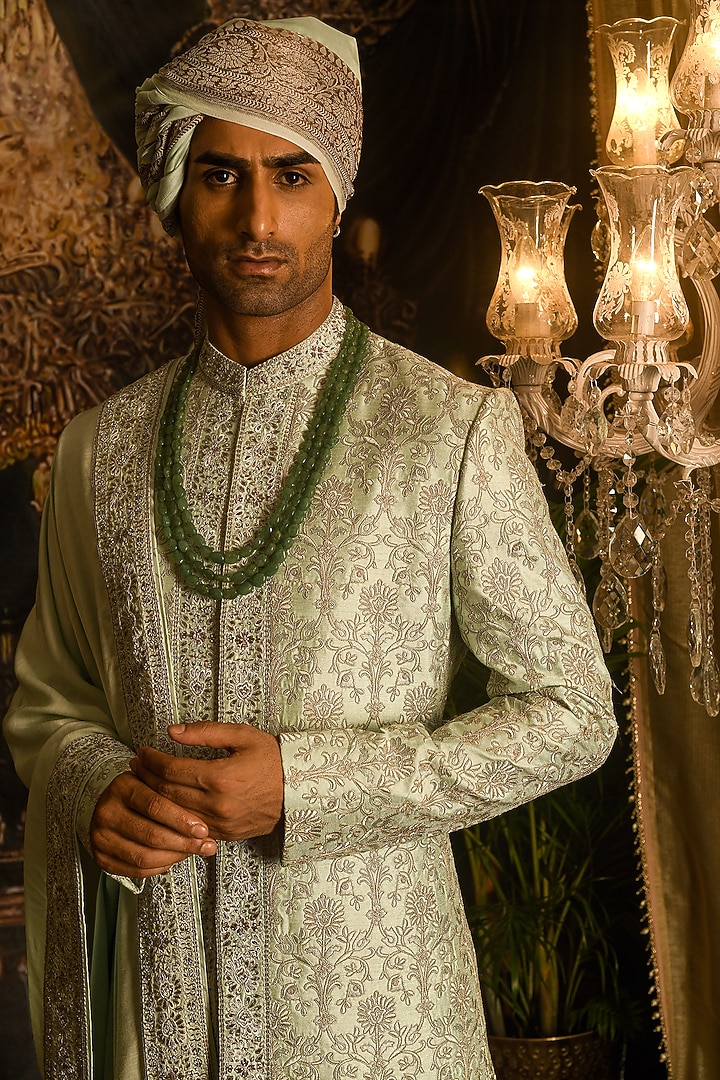 Mint Majesty Silk Thread & Zardozi Embroidered Groom Sherwani Set by Punit Arora at Pernia's Pop Up Shop
