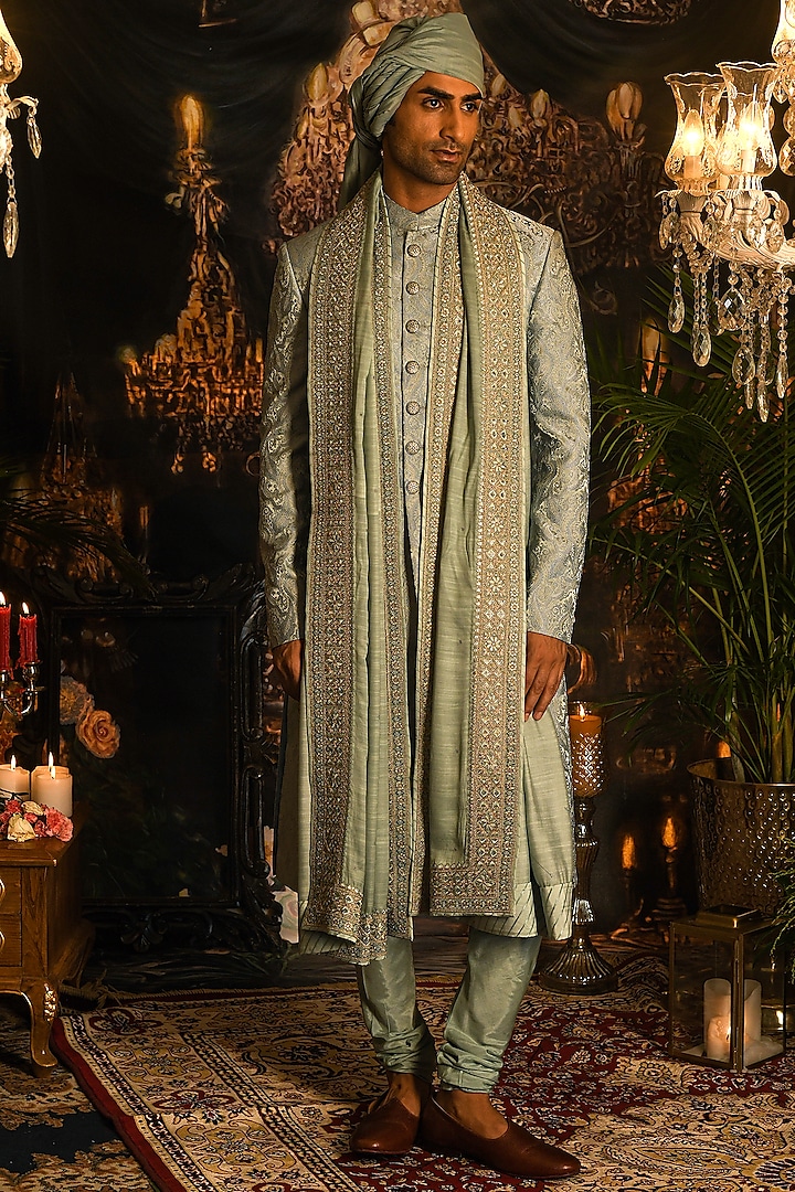 Pale Turquoise Jacquard Silk Paisley Embroidered Wedding Sherwani Set by Punit Arora at Pernia's Pop Up Shop