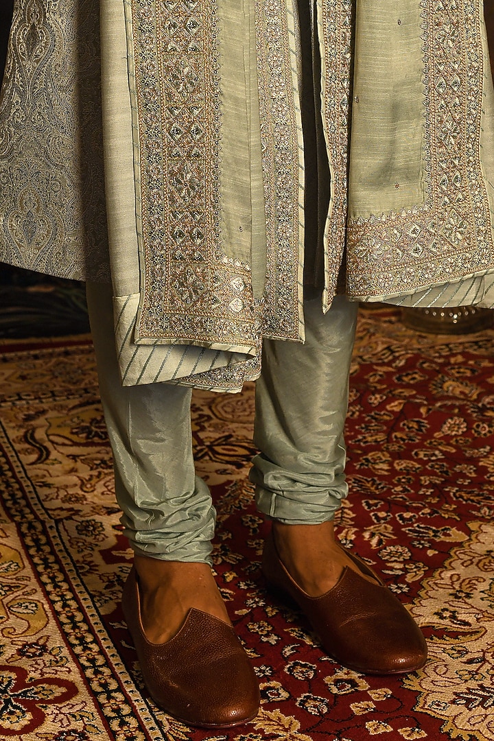 Pale Turquoise Jacquard Silk Paisley Embroidered Wedding Sherwani Set by Punit Arora at Pernia's Pop Up Shop