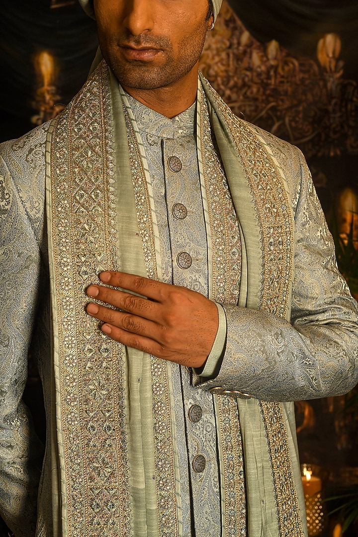 Pale Turquoise Jacquard Silk Paisley Embroidered Wedding Sherwani Set by Punit Arora at Pernia's Pop Up Shop