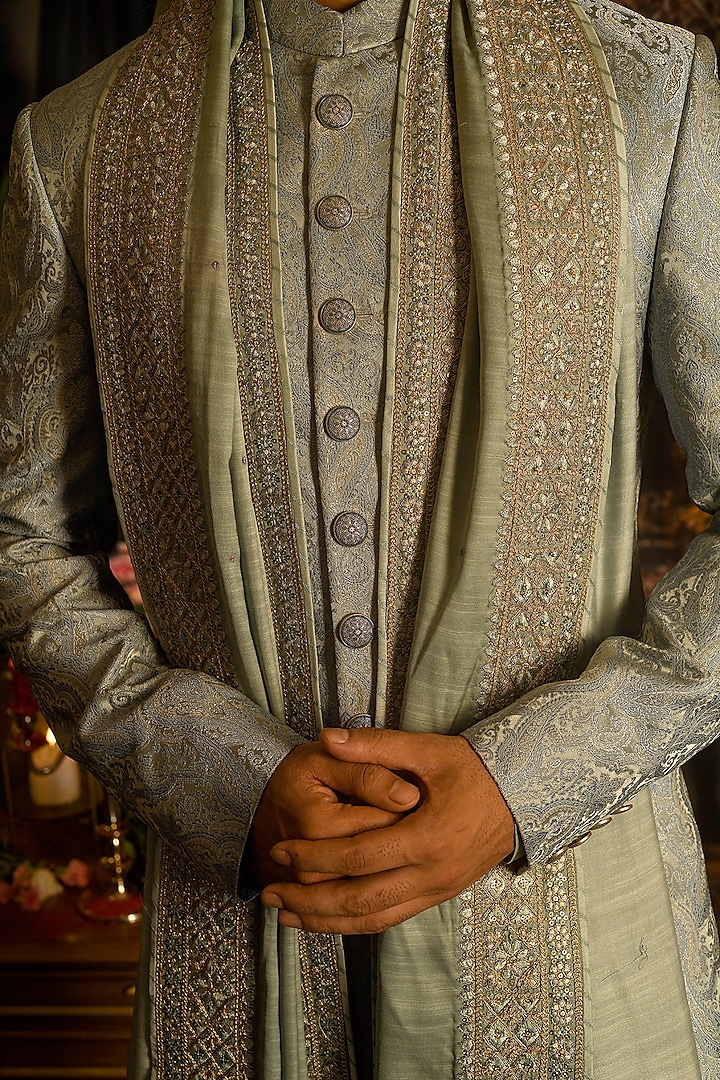Pale Turquoise Jacquard Silk Paisley Embroidered Wedding Sherwani Set by Punit Arora at Pernia's Pop Up Shop