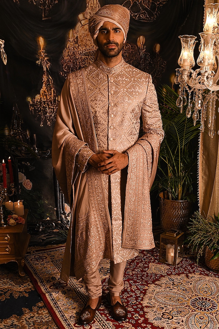 Vintage Rose Raw Silk Aari Embroidered Sherwani Set by Punit Arora