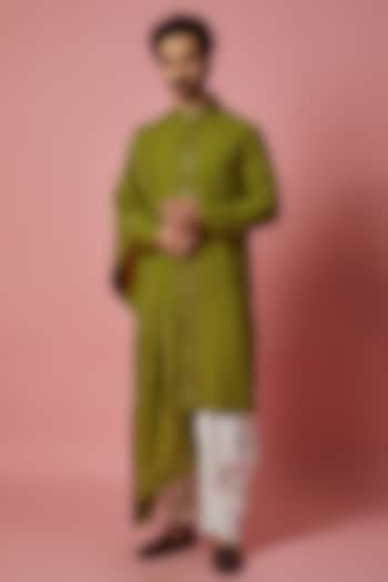 Mehendi Green Modal Cotton Silk Zardosi & Dabka Embroidered Kurta Set by Punit Arora