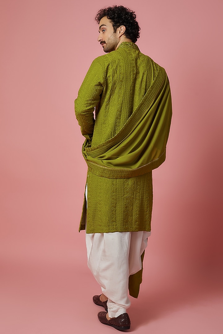 Mehendi Green Modal Cotton Silk Zardosi & Dabka Embroidered Kurta Set by Punit Arora at Pernia's Pop Up Shop