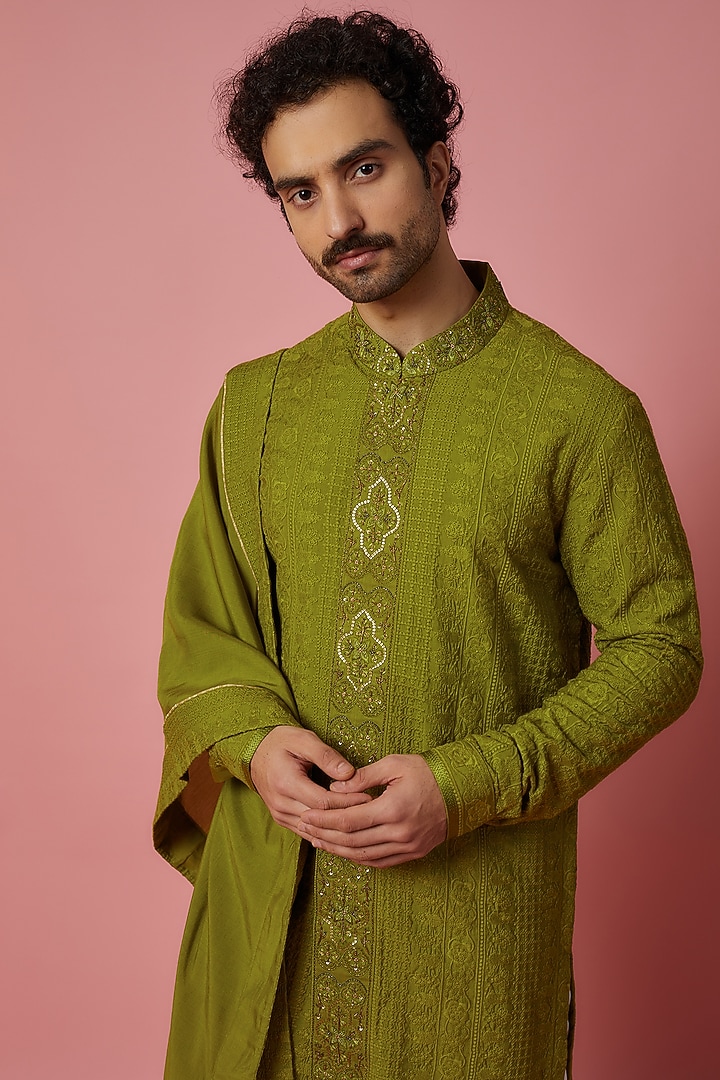 Mehendi Green Modal Cotton Silk Zardosi & Dabka Embroidered Kurta Set by Punit Arora at Pernia's Pop Up Shop