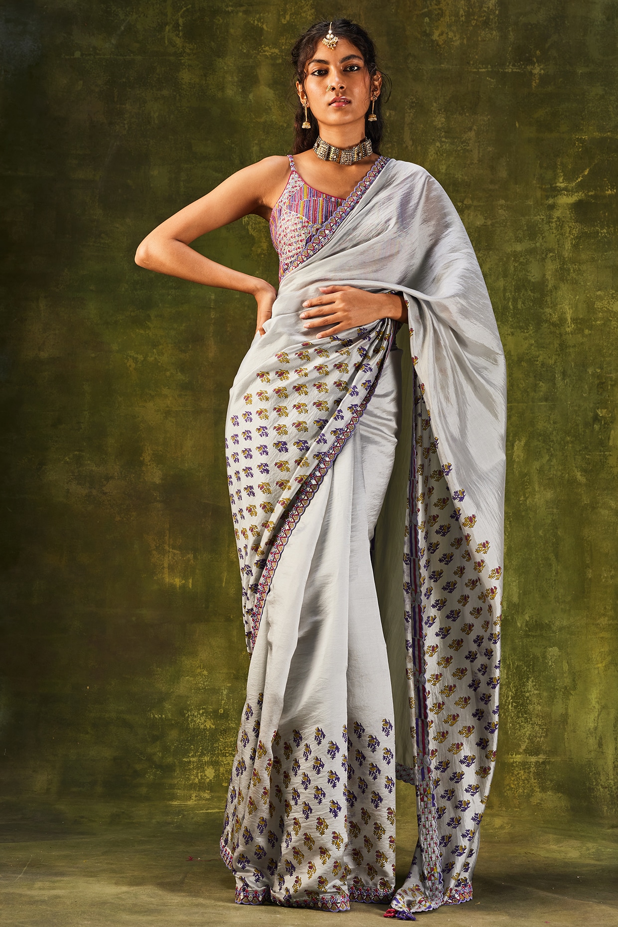 Grey Embroidered & Printed Saree Set Design By Punit Balana At Pernia's ...