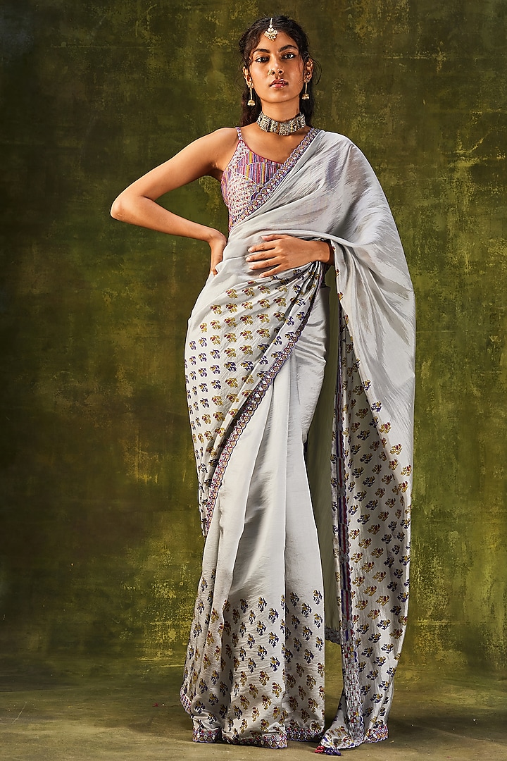 Grey Embroidered & Printed Saree Set by Punit Balana
