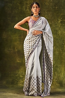 Grey Organza Silk Embroidered & Printed Saree Set by Punit Balana-SORBET HUES