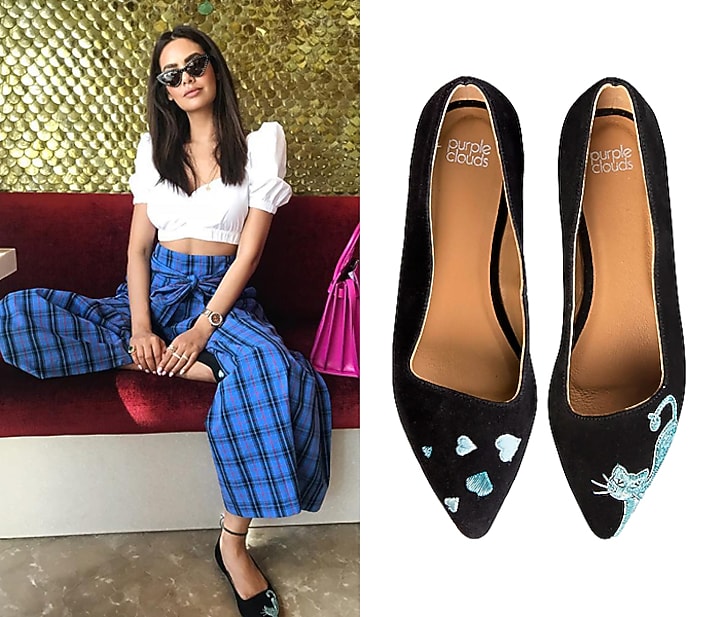 Black and blue embroidered ballet flats by PURRPLE CLOUDS at Pernia's Pop Up Shop