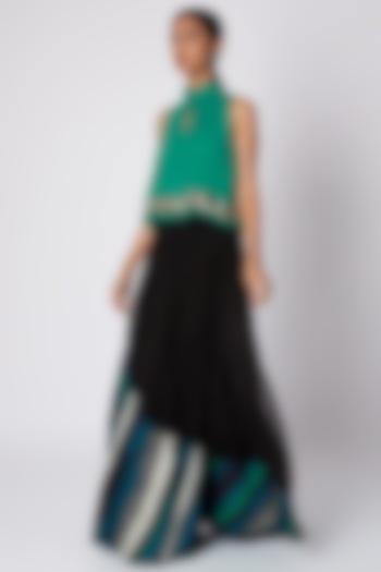 Peacock Green Embroidered Top With Black Skirt & Belt by Pallavi Jaipur