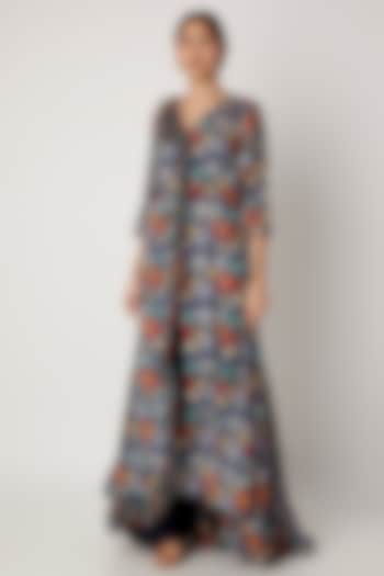 Navy Blue Printed Jacket With Pants by Pallavi Jaipur at Pernia's Pop Up Shop