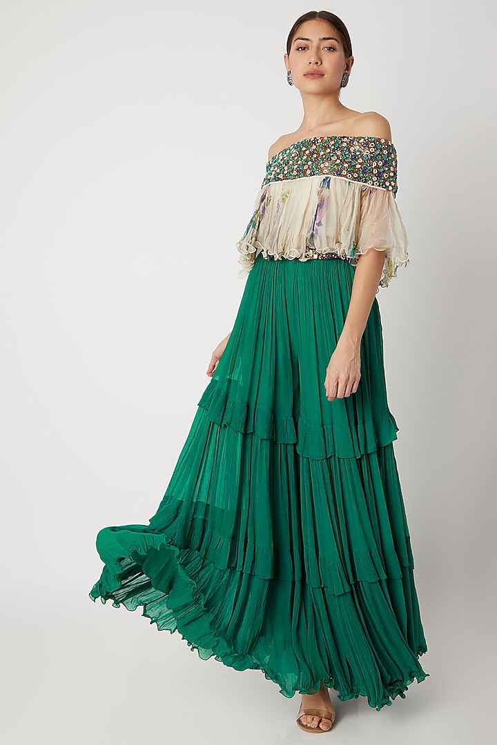 Ivory Embroidered Top With Green Sharara Pants  by Pallavi Jaipur
