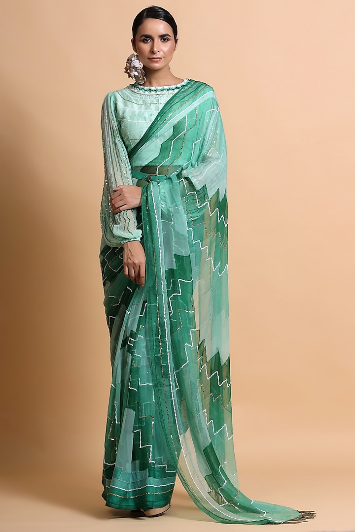 Sea Green Embroidered Saree Set by Pallavi Jaipur