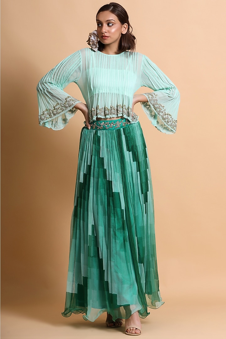 Sea Green Embroidered Skirt Set by Pallavi Jaipur at Pernia's Pop Up Shop
