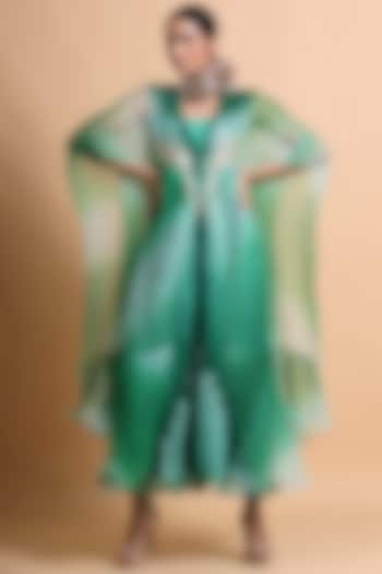 Green Embroidered Cape With Spaghetti Dress by Pallavi Jaipur at Pernia's Pop Up Shop