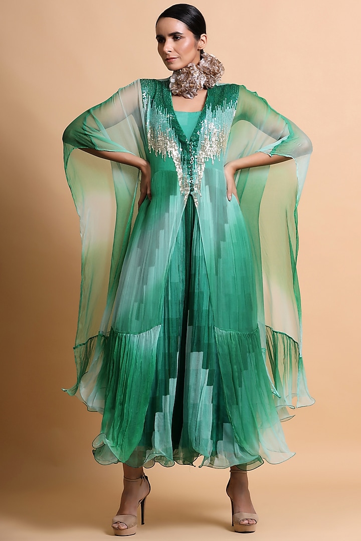 Green Embroidered Cape With Spaghetti Dress by Pallavi Jaipur