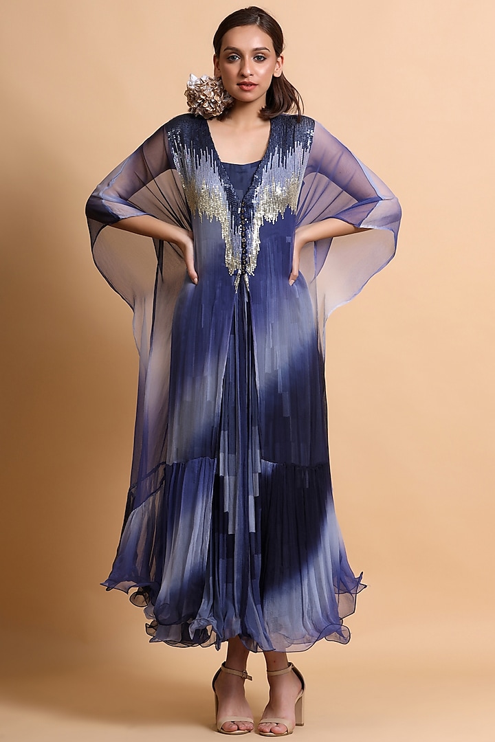 Navy Blue Embroidered Cape With Spaghetti Dress by Pallavi Jaipur at Pernia's Pop Up Shop