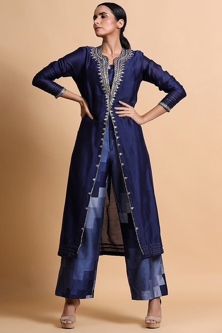 Navy Blue Embroidered Pant Set by Pallavi Jaipur