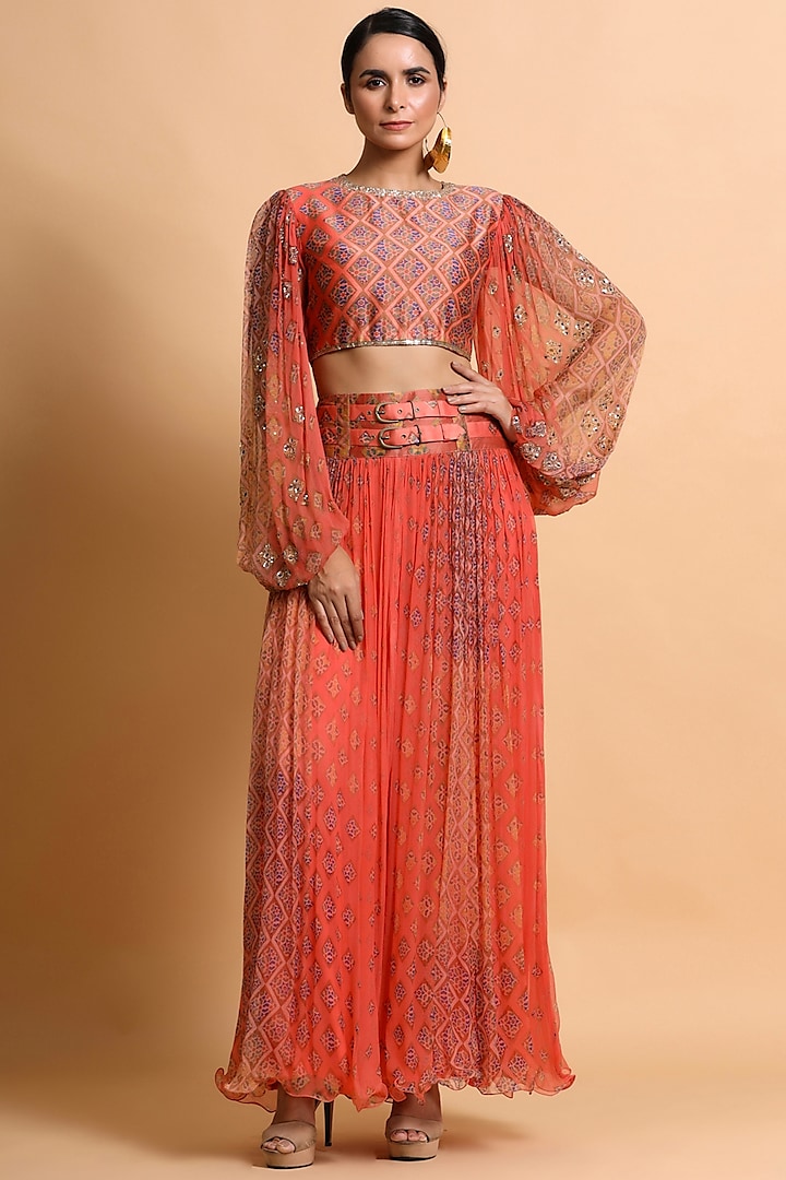 Coral Embroidered Skirt Set by Pallavi Jaipur at Pernia's Pop Up Shop