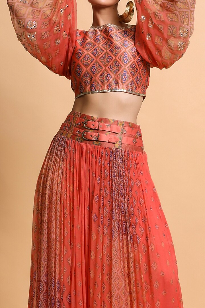 Coral Embroidered Skirt Set by Pallavi Jaipur at Pernia's Pop Up Shop