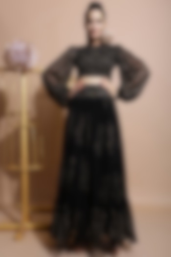 Black Printed Skirt Set With Belt by Pallavi Jaipur
