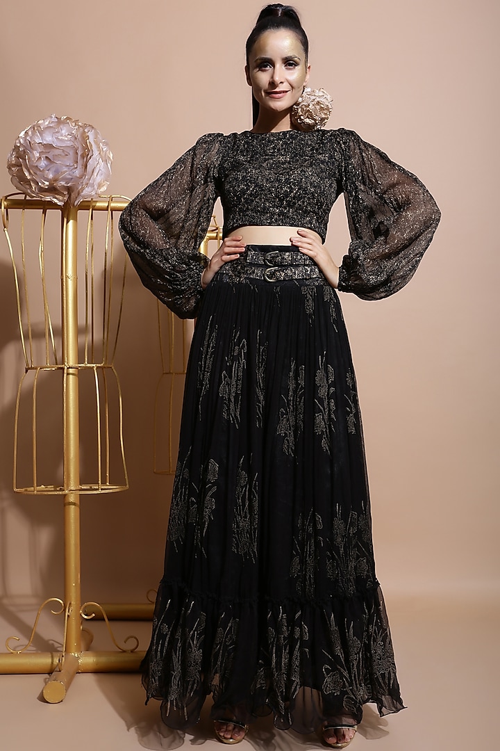 Black Printed Skirt Set With Belt by Pallavi Jaipur at Pernia's Pop Up Shop