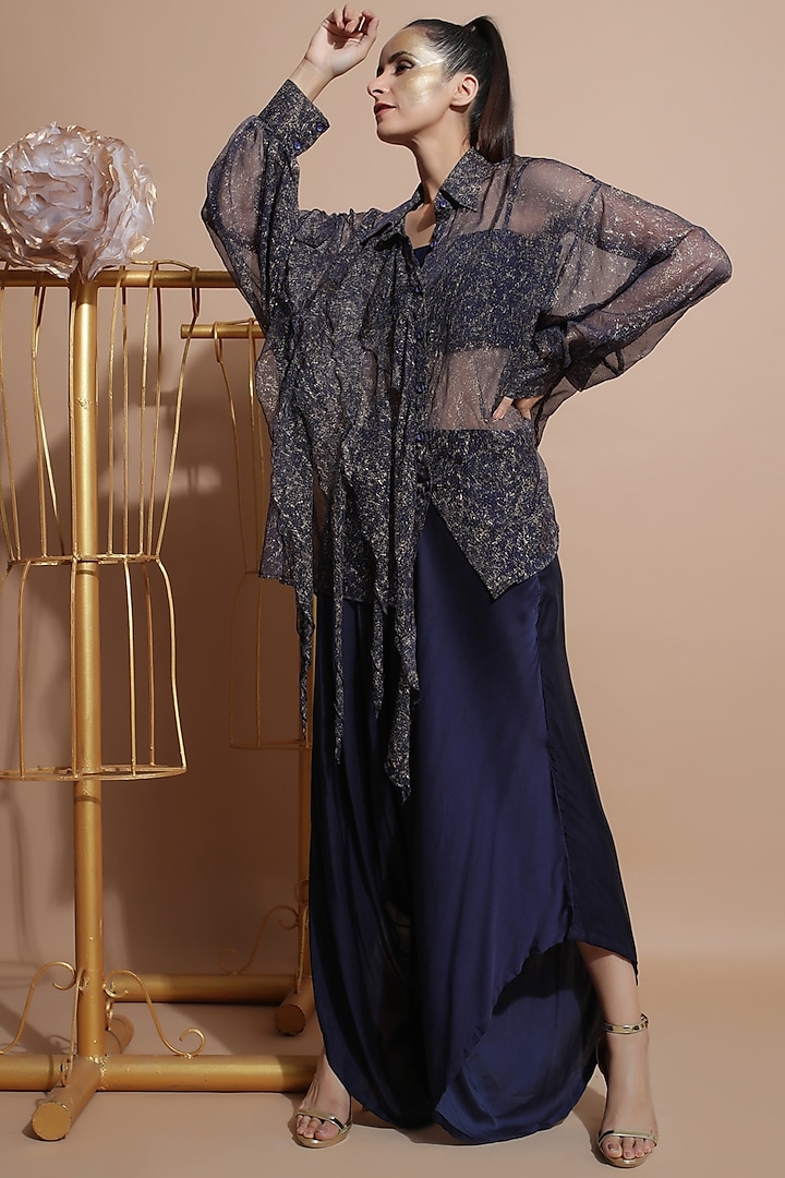 Navy Blue Chiffon Tunic Set by Pallavi Jaipur at Pernia's Pop Up Shop