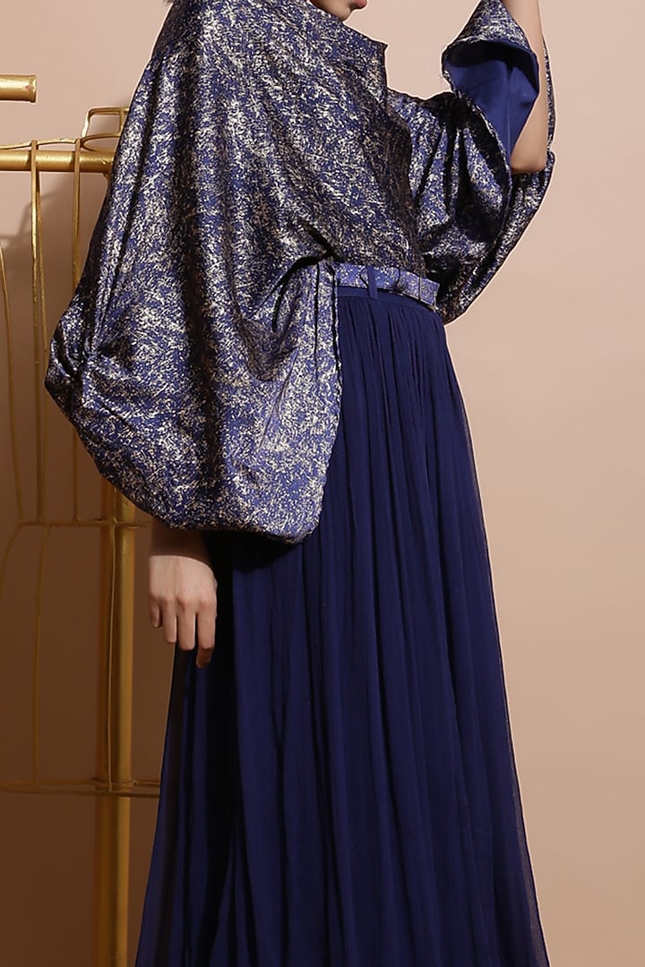 Navy Blue Balloon Sleeved Tunic by Pallavi Jaipur at Pernia's Pop Up Shop
