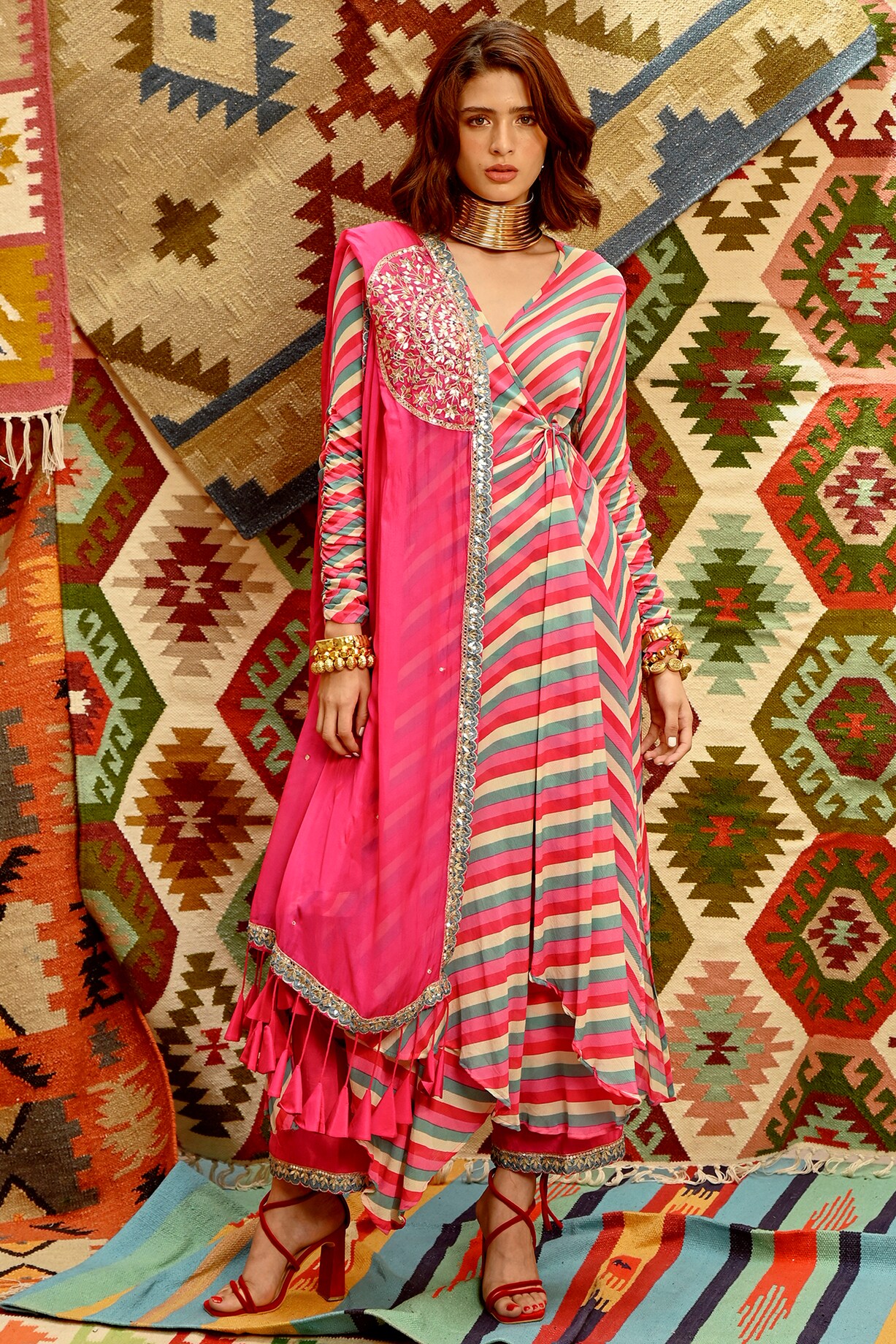 Hot Pink Wrinkle Crepe Leheriya Printed Wrap Angrakha Set by Pallavi ...