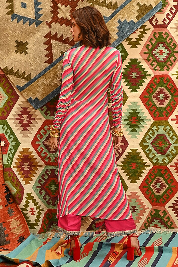 Hot Pink Wrinkle Crepe Leheriya Printed Wrap Angrakha Set by Pallavi ...