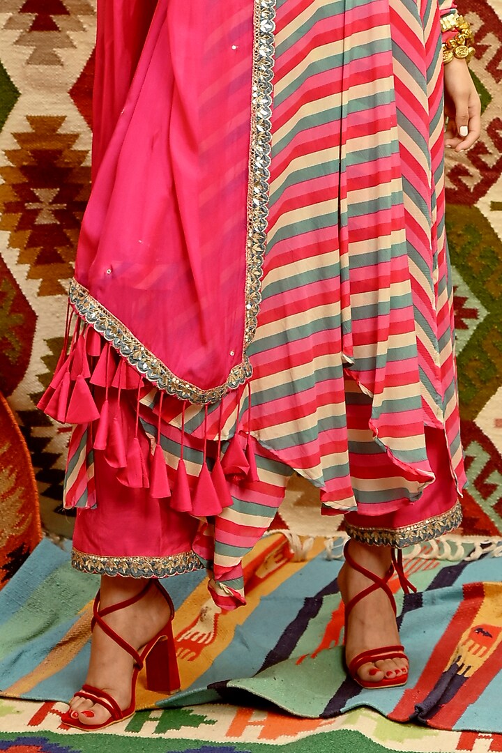 Hot Pink Wrinkle Crepe Leheriya Printed Wrap Angrakha Set by Pallavi ...