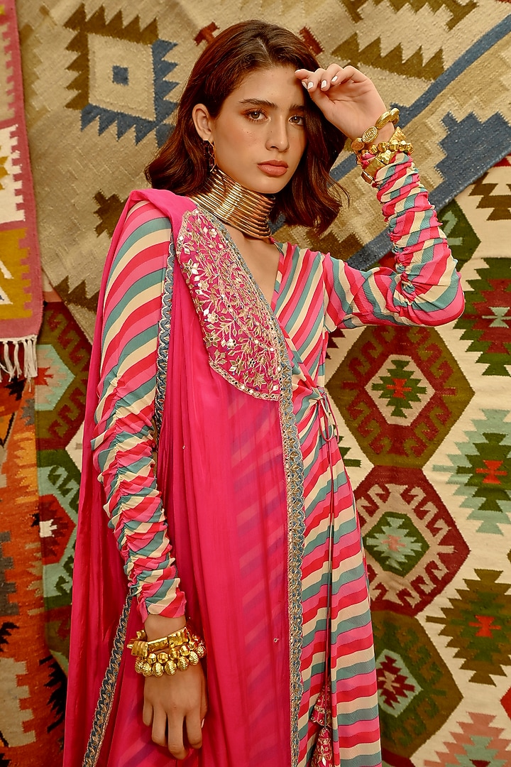 Hot Pink Wrinkle Crepe Leheriya Printed Wrap Angrakha Set by Pallavi ...