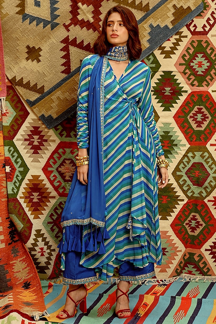 Blue Wrinkle Crepe Leheriya Printed Wrap Angrakha Set by Pallavi Jaipur