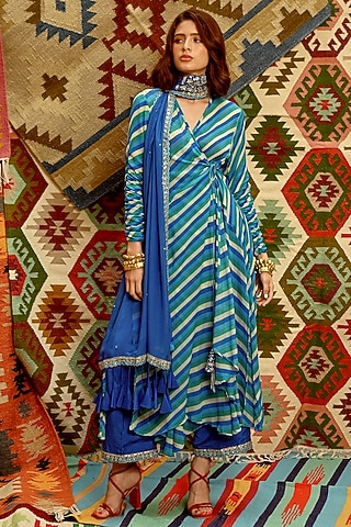 Blue Wrinkle Crepe Leheriya Printed Wrap Angrakha Set by Pallavi Jaipur