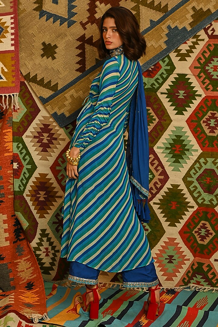 Blue Wrinkle Crepe Leheriya Printed Wrap Angrakha Set by Pallavi Jaipur at Pernia's Pop Up Shop