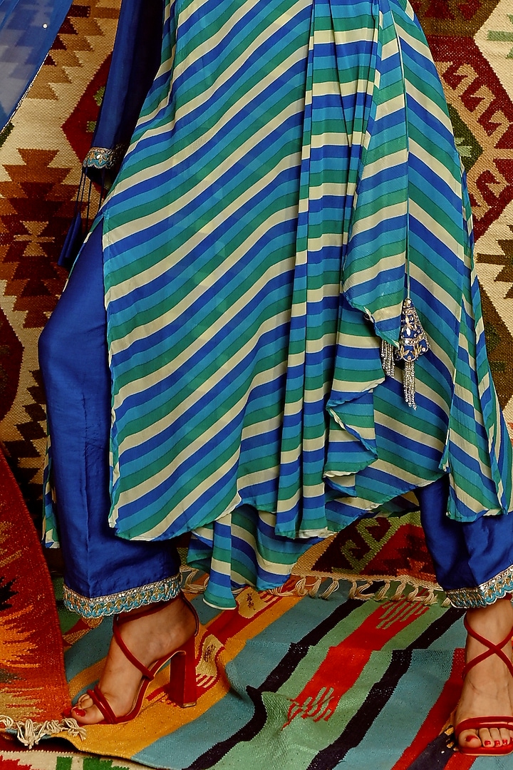 Blue Wrinkle Crepe Leheriya Printed Wrap Angrakha Set by Pallavi Jaipur at Pernia's Pop Up Shop