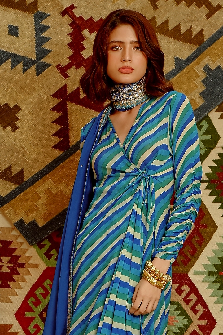 Blue Wrinkle Crepe Leheriya Printed Wrap Angrakha Set by Pallavi Jaipur at Pernia's Pop Up Shop