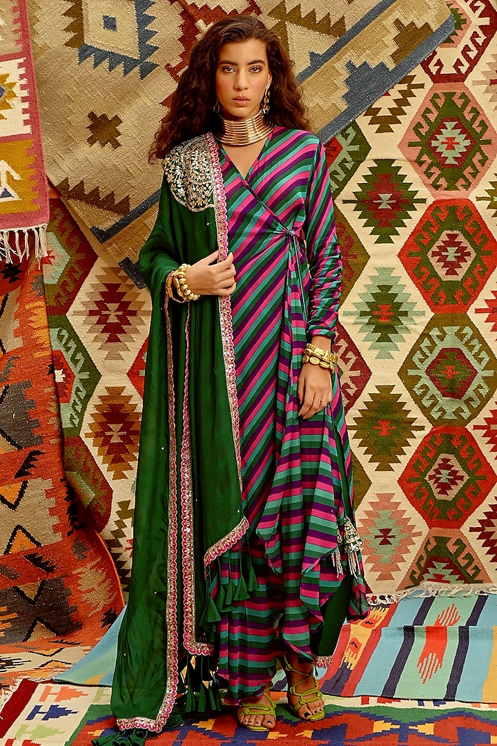 Multi-Colored Wrinkle Crepe Leheriya Printed Wrap Angrakha Set by Pallavi Jaipur