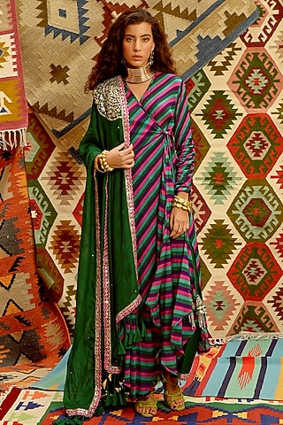 Multi-Colored Wrinkle Crepe Leheriya Printed Wrap Angrakha Set by Pallavi Jaipur