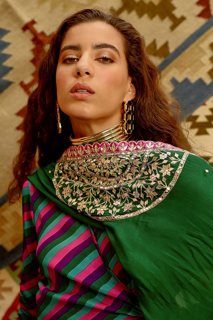 Multi-Colored Wrinkle Crepe Leheriya Printed Wrap Angrakha Set by Pallavi Jaipur at Pernia's Pop Up Shop