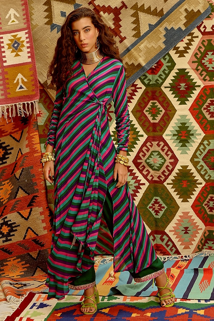 Multi-Colored Wrinkle Crepe Leheriya Printed Wrap Angrakha Set by Pallavi Jaipur at Pernia's Pop Up Shop
