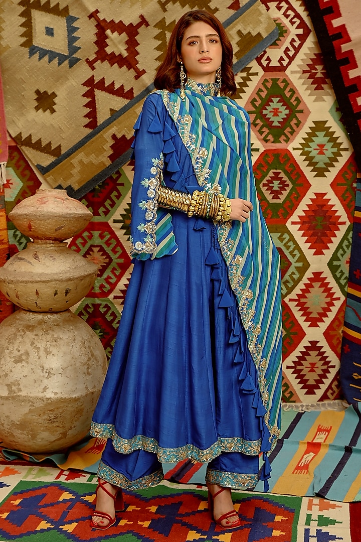Cobalt Blue Tussar Resham Gota Patti Embroidered Wedding Anarkali Set by Pallavi Jaipur at Pernia's Pop Up Shop