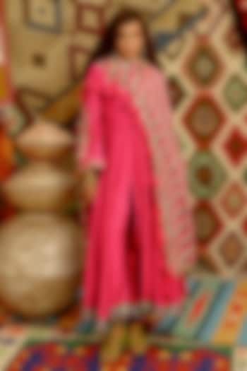 Hot Pink Tussar Resham Gota Patti Embroidered Anarkali Set by Pallavi Jaipur