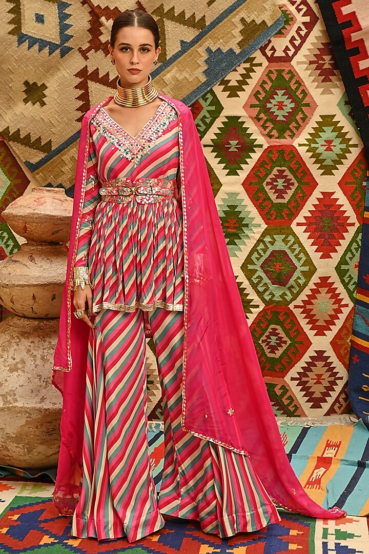 Hot Pink Silk Blend Leheriya Printed Sharara Set by Pallavi Jaipur